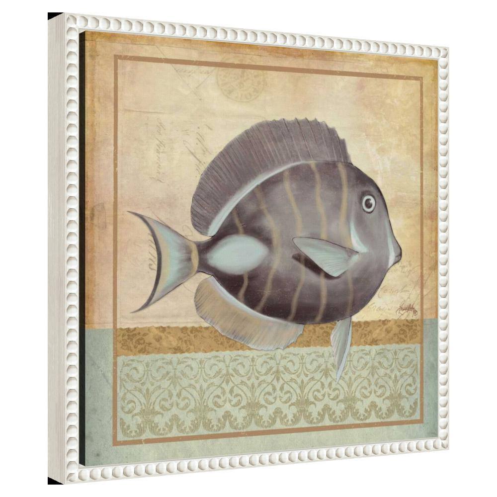 Vintage Fish II Coastal Canvas Wall Art with White Beaded Frame