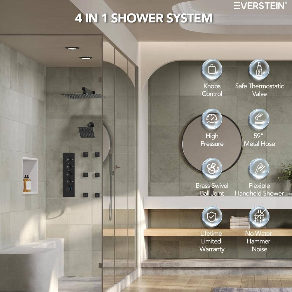 Matte Black Dual Shower Head System with Thermostatic Valve and Body Jets