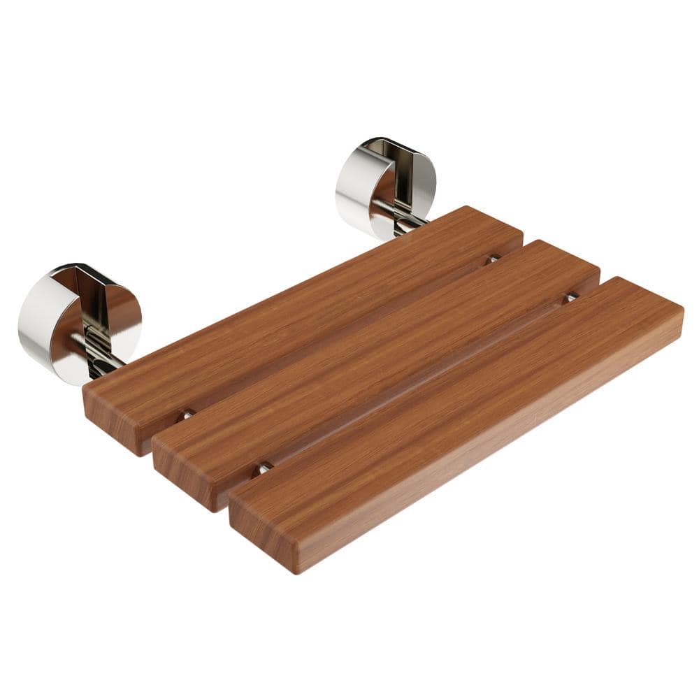 Natural Teak Wood Wall Mounted Folding Shower Bench with Polished Chrome Finish