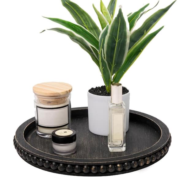 Unbranded 12 in. Black Round Wood Decorative Tray (Set of 1)
