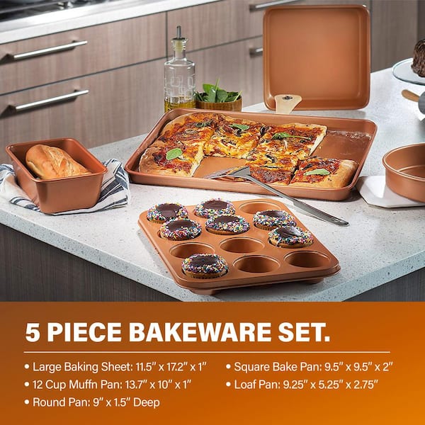 3-Pack Nonstick Bakeware Set, Baking Cookie Sheets, Heavy Duty Rectangular  Deep-Dish Cake Pan for Oven (Gold)