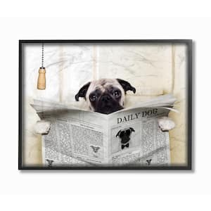 11 in. x 14 in. "Pug Reading Newspaper in Bathroom" by In House Artist Wood Framed Wall Art