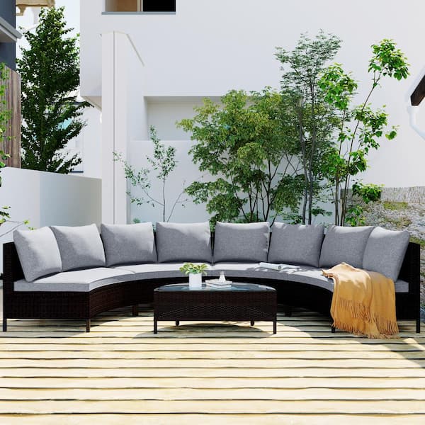 5-Piece Outdoor Brown Wicker Half-Moon Sectional Sofa Set with Tempered Glass Table, Gray Cushions