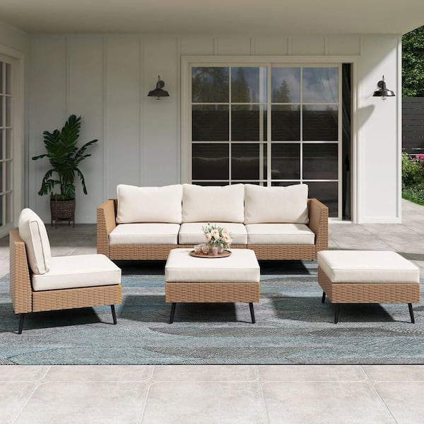 LAUSAINT HOME 6-Piece Wicker Outdoor Sectional Set with Beige Cushions