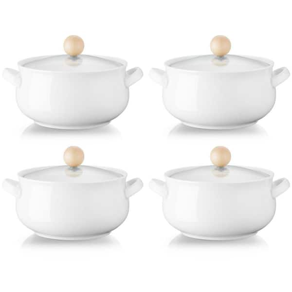 16 fl. oz. White Ceramic French Onion Soup Bowl with 2 Handles, Glass Lids for Stew Chili, Cheese, Casseroles (Set of 4)