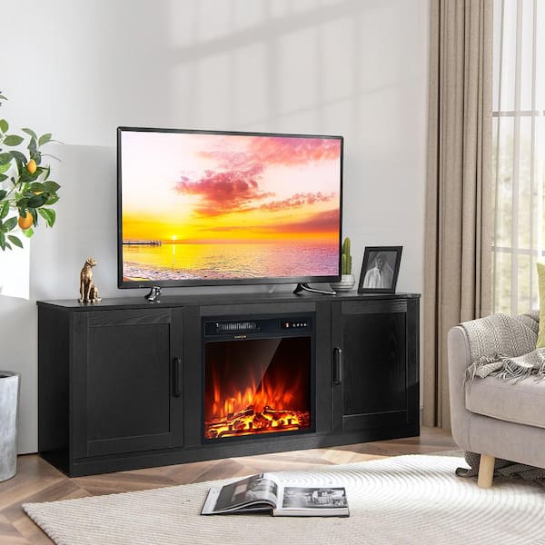 58 in. Freestanding Wood Electric Fireplace TV Stand Entertainment Console with 18'' Electric Fireplace in Black