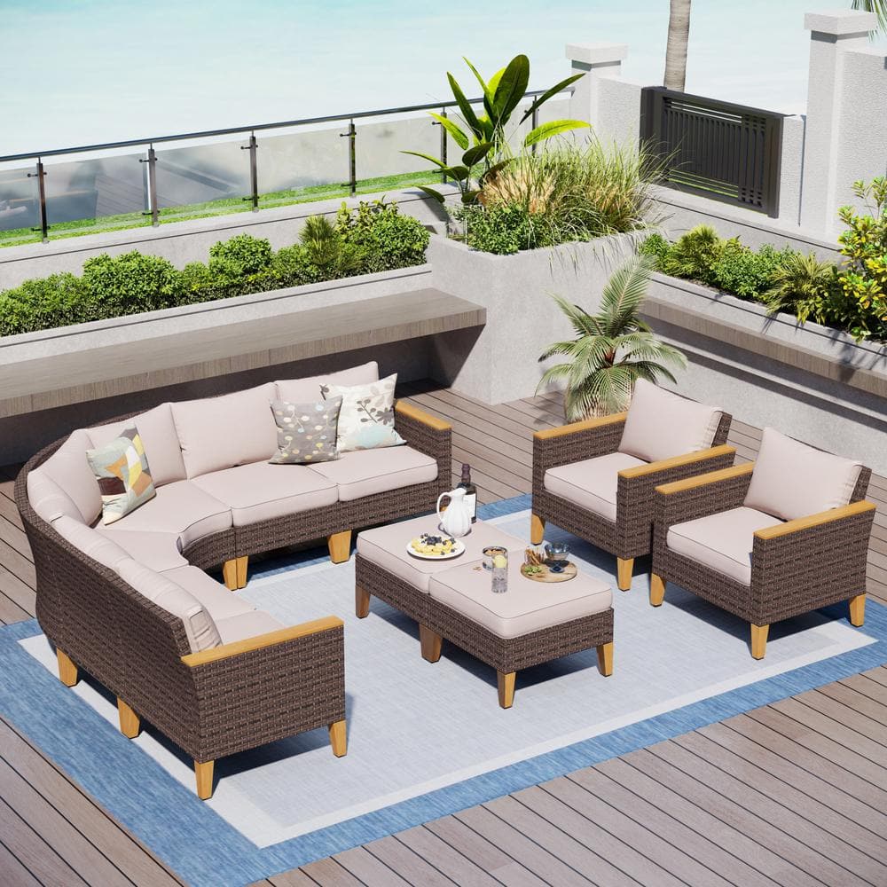 Brown Rattan Wicker 10 Seat 10-Piece Steel Outdoor Patio Conversation Set with Beige Cushions -  PHI VILLA, DCPV0503020401