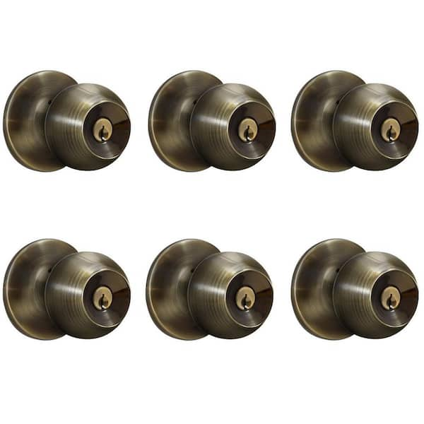 Premier Lock Antique Brass Entry Door Handle Combo Lock Set with Deadbolt and 8 SC1 Keys Total (2-Pack, Keyed Alike)