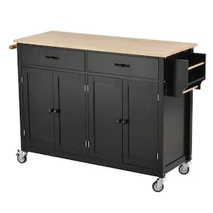 Dilana Black Kitchen Cart with Butcher Block Top and Locking Wheels