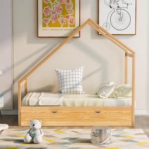 Wood Natural Twin Wooden House Bed with Twin Trundle