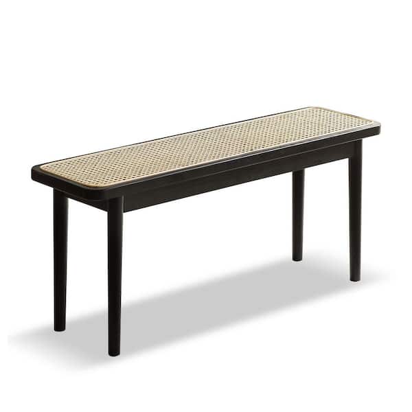 47.24" Black Solid Wood Outdoor Beach Chair, Ottoman with Rattan Seat