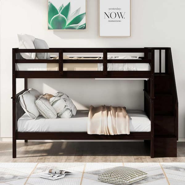 Espresso Stairway Full-over-Full Bunk Bed with Storage and Guard Rail for Bedroom, Dorm