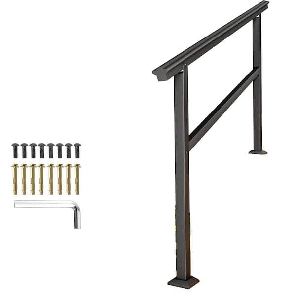 60 Solid Metal Stair Handrail Kit Outdoor Steps Porch Deck Black Railings Adjustable 0-5 Steps Non-Slip