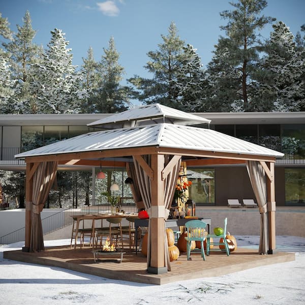 15 Ceiling Mosquito Steel ft. 13 Gazebo Aluminum The Curtains - ft. JOYSIDE Wood Roof DRWG-A04-1214 Hook, Netting Galvanized x with Double Depot Grain Home and