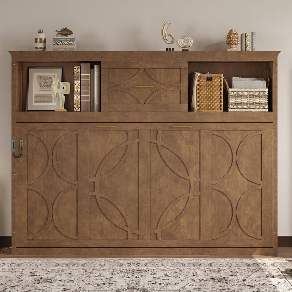 Brown Wood Frame Twin Murphy Bed with Charging Station and Drawer - thumbnail 10