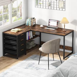 Lanita 59 in. L-Shaped Rustic Brown Engineered Wood 4-Drawer Executive Desks with Shelves, Reversible Computer Desk