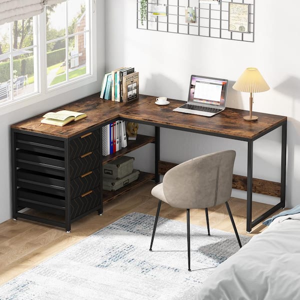 BYBLIGHT Lanita 59 in. L-Shaped Rustic Brown Engineered Wood 4-Drawer Executive Desks with Shelves, Reversible Computer Desk