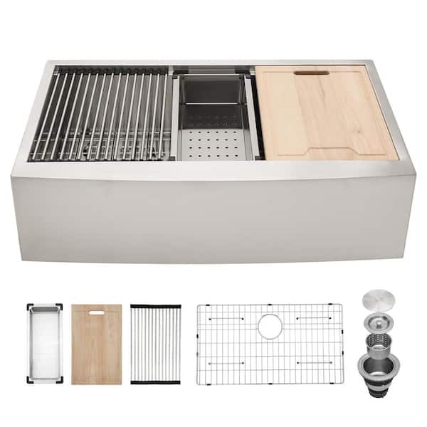 Sarlai 36 in. Farmhouse/Apron Front Single Bowl 18 -Gauge Stainless Steel Workstation Kitchen Sink with All Accessories
