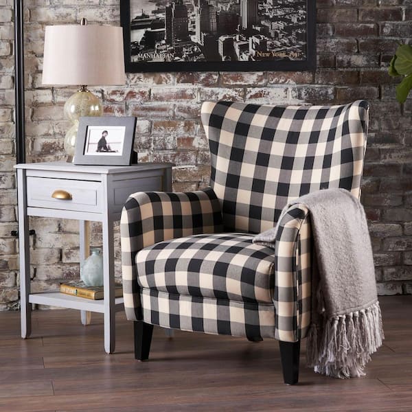 Black And White Plaid Fabric Club Chair