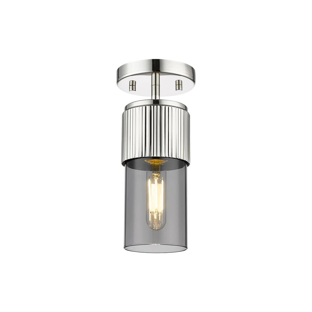 Bolivar 4 in. 1-Light Polished Nickel Industrial Flush Mount with Smoked Glass Shade price history on PriceWatchPro