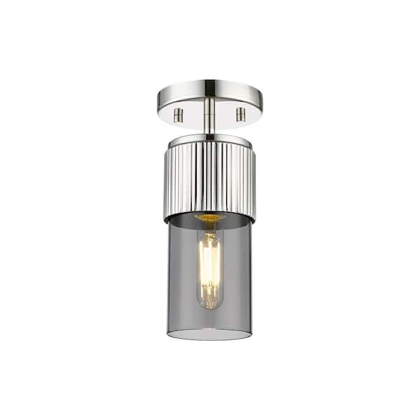 Bolivar 4 in. 1-Light Polished Nickel Industrial Flush Mount with Smoked Glass Shade