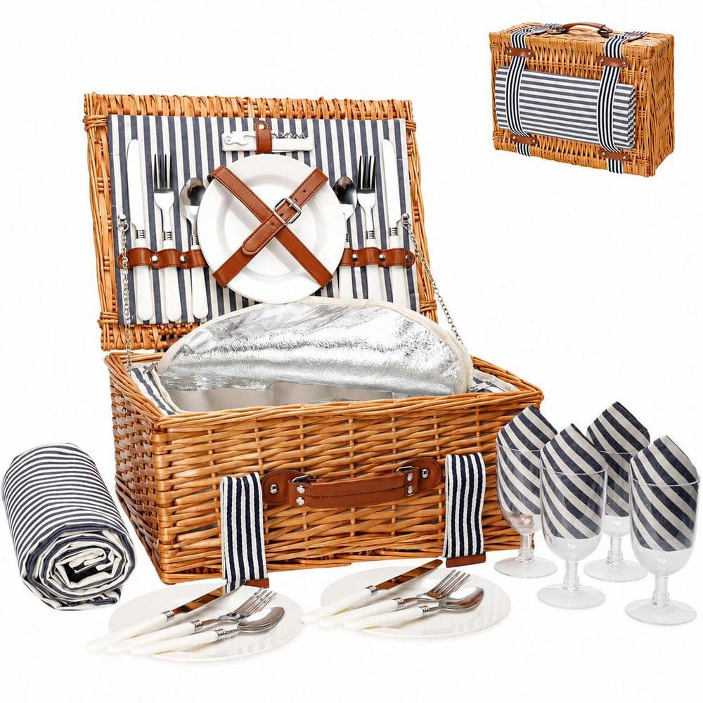 4-Person Blue Willow Picnic Basket Set with Blanket, Insulated Cooler and Tableware for Outdoor Entertaining price history on PriceWatchPro