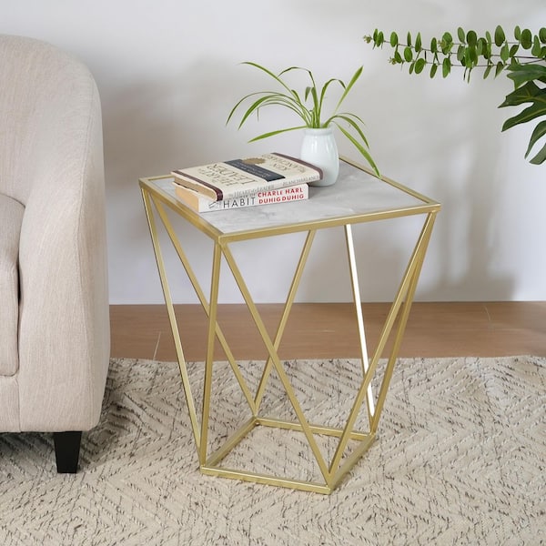 Barrett 15.75 in. W Gold Plus White Square Tempered Glass End Table Side Table with Metal Legs