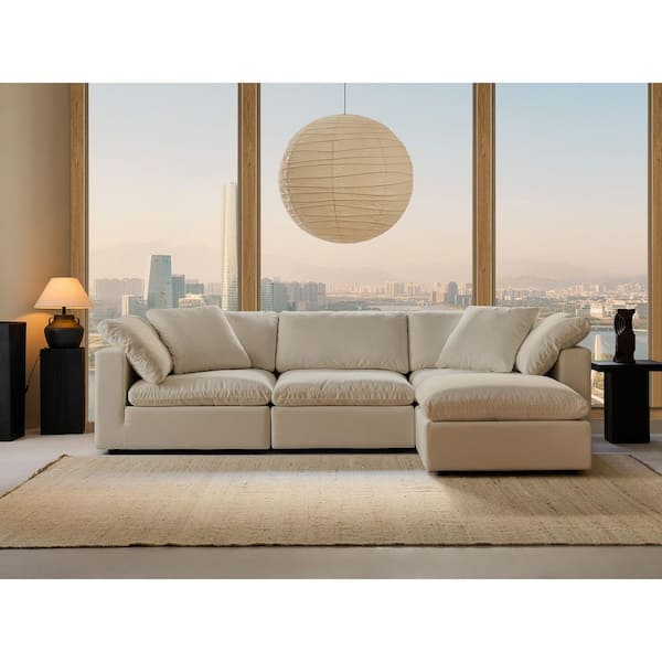 Modern 122 in. Wide Square Arm Linen Fabric L-Shaped Sectional Sofa Combination Sofa 3 Seats with Ottoman in Linen Beige