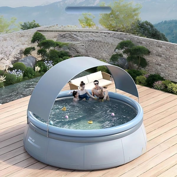 Huluwat Aqua Gray 12 ft. x 12 ft. Round 30 in. H Inflatable Pool with Canopy