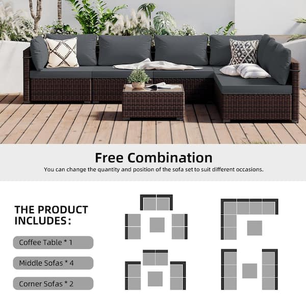 7-Piece Wicker Patio Conversation Seating Set with Dark Gray Cushions and Coffee Table