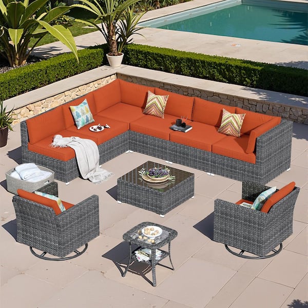 HOOOWOOO Messi Grey 10-Piece Wicker Patio Conversation Sofa Seating Set with Swivel Rocking Chairs and Orange Red Cushions