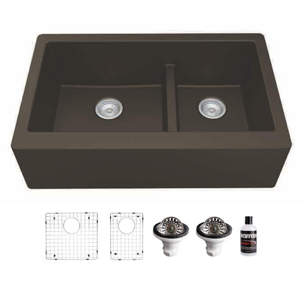 Karran QA-760 Quartz/Granite 34 in. Double Bowl 60/40 Farmhouse/Apron Front Kitchen Sink in Brown with Grid and Strainer -  QA-760-BR-PK1