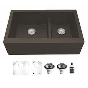 QA-760 Quartz/Granite 34 in. Double Bowl 60/40 Farmhouse/Apron Front Kitchen Sink in Brown with Grid and Strainer