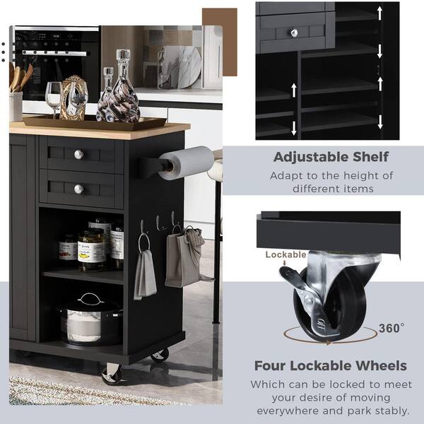 Zeus & Ruta Zeus Black Kitchen Island Cart with Wood Top and Open Storage  Microwave Oven Cabinet ZeusKCI01BK - The Home Depot