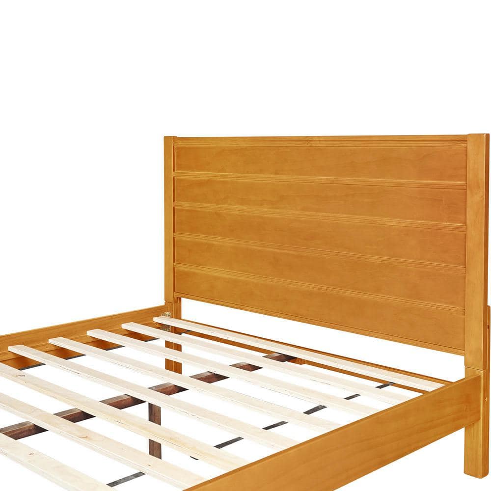 Caroline Pine Queen Platform Bed with Drawer and Slatted Headboard, Oak