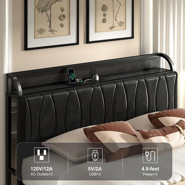 Bed Frame Black Metal Frame Queen Platform Bed with USB Ports, Modern Bed with Headboard and Under-Bed Storage and Bench