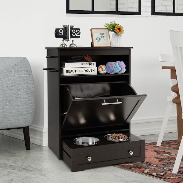 2-Cup Wood Pet Feeder Station with Stainless Steel Bowl in Coffee