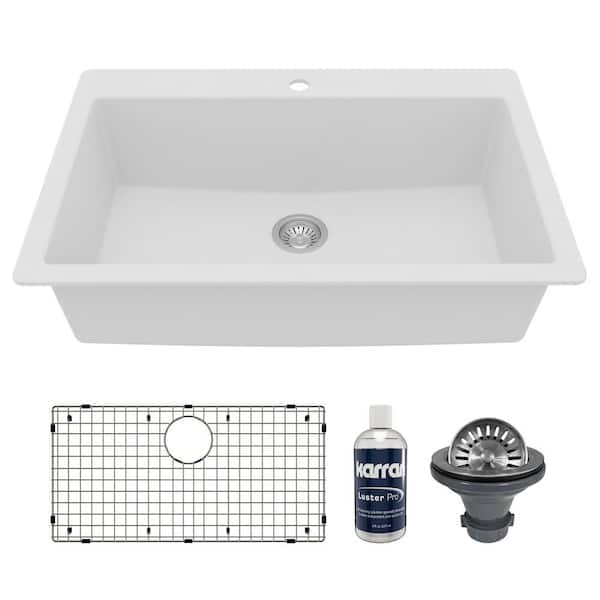 33 in. Large Single Bowl Drop-In Kitchen Sink in White with Bottom Grid and Strainer