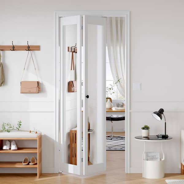 36 in. x 80 in. 1-Lite Mirrored Glass Solid Core White Finished MDF Bi-Fold Door with Hardware Kit