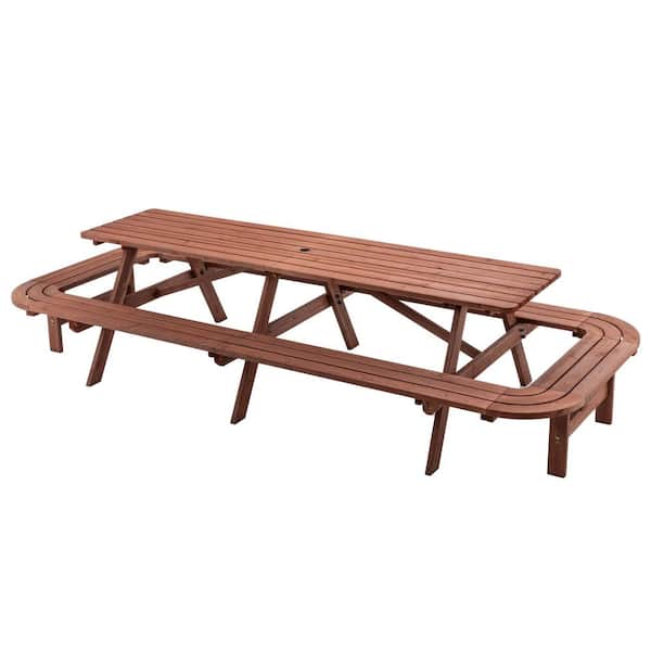 121 in. Brown Round Solid Wood Outdoor Picnic Table Seats 14-16 Persons with Umbrella Hole