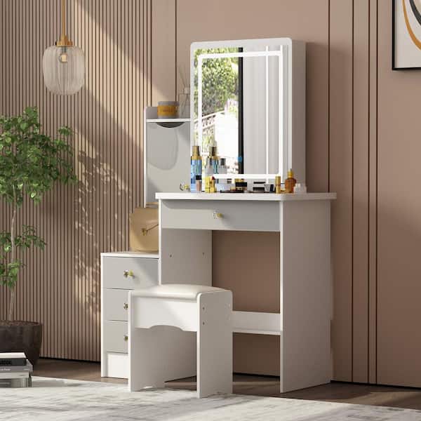 Vabches Vanity Desk with Mirror and Lights,Makeup Vanity with 6 Drawers and  Shelves,Vanity Table with Power Outlet,Makeup Desk with Led Lighted Mirror