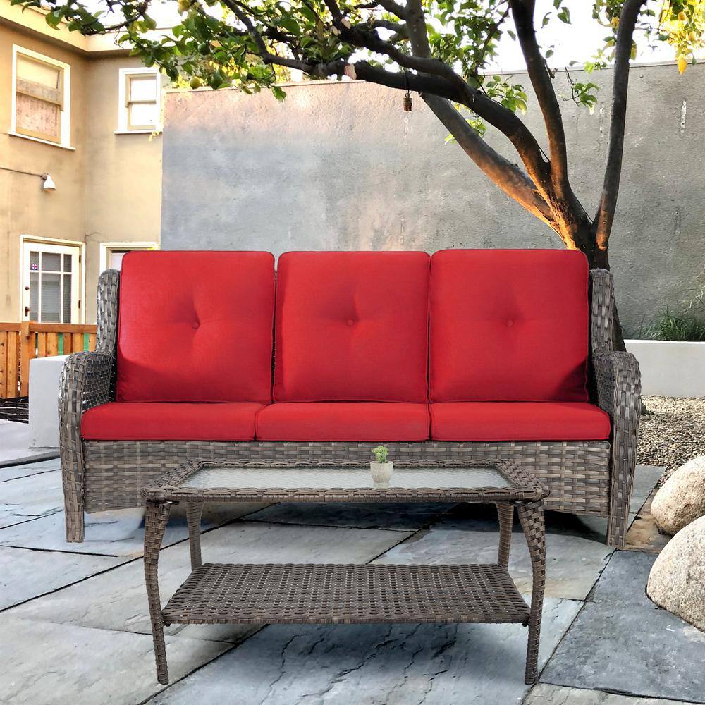 JOYSIDE Wicker Outdoor Patio 3 Seat Sofa Couch with Red Cushion M16RED