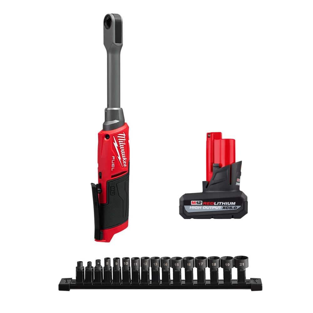 M12 FUEL INSIDER 12V Lithium-Ion 1/4 in.-3/8 in. Brushless Cordless Ratchet Extended Reach Box Ratchet w 5. 0Ah Battery -  Milwaukee, 3050-20-