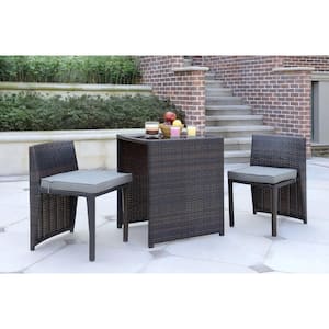 Brown 3-Piece Wicker Outdoor Dining Set Patio Bistro Set Pub Set Glass Top Table Dining Chairs with Gray Cushions