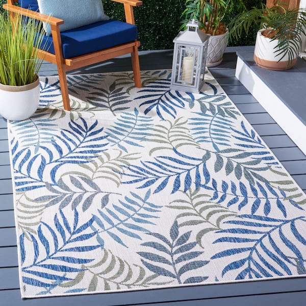 Courtyard Beige/Green Blue 5 ft. x 8 ft. Leaves Botanical Indoor/Outdoor Area Rug