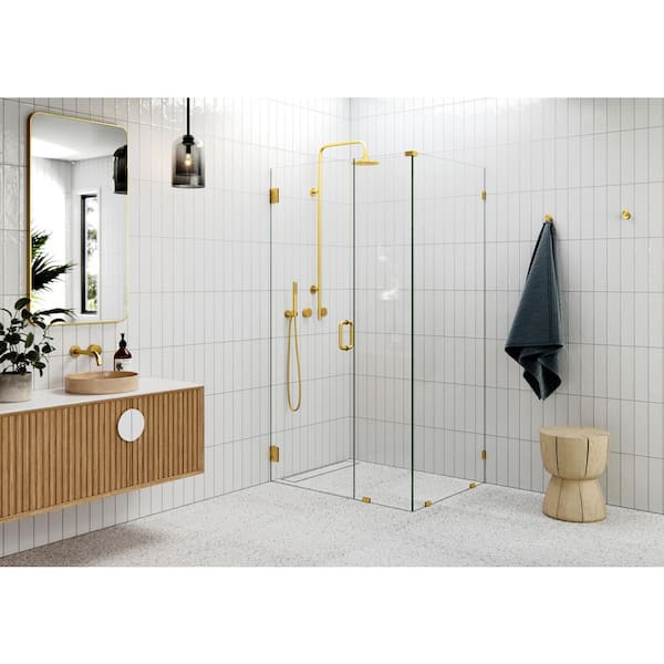 Glass Warehouse 41 in. W x 32 in. D x 78 in. H Pivot Frameless Corner Shower Enclosure in Satin Brass Finish with Clear Glass