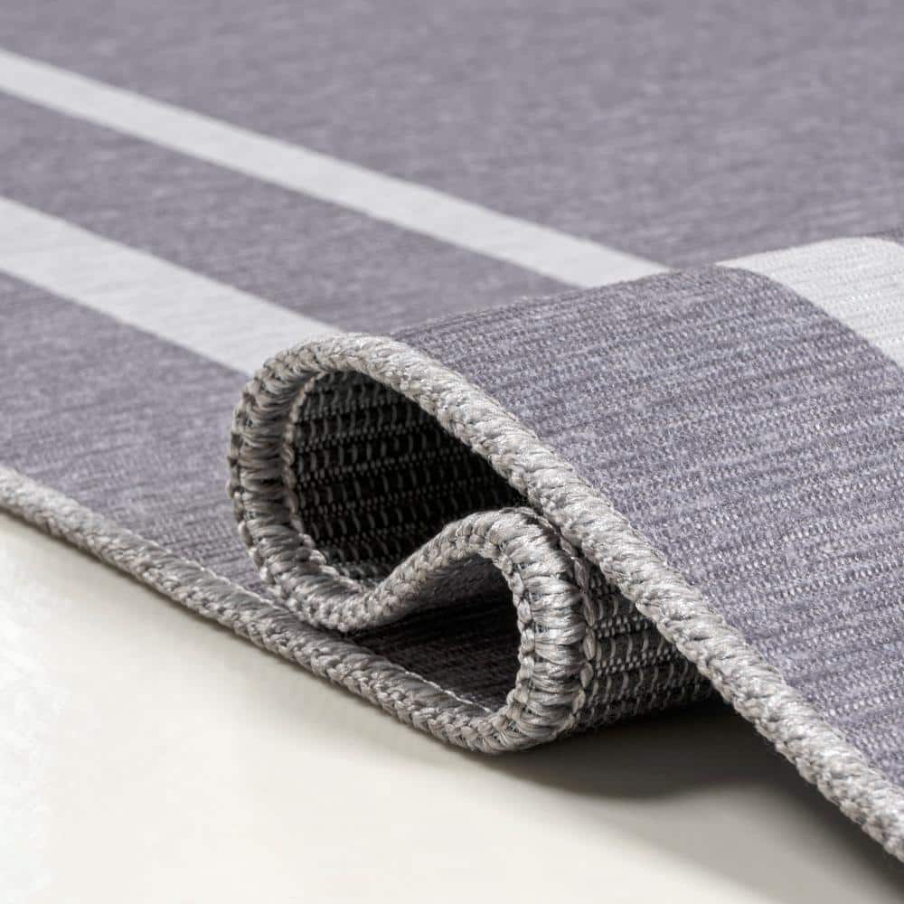 Gray and Cream Striped Chenille 9' x 12' Washable Area Rug