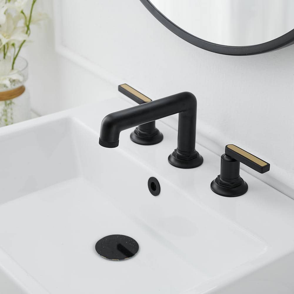 Matte Black Widespread Double Handle Bathroom Faucet with Metal Drain