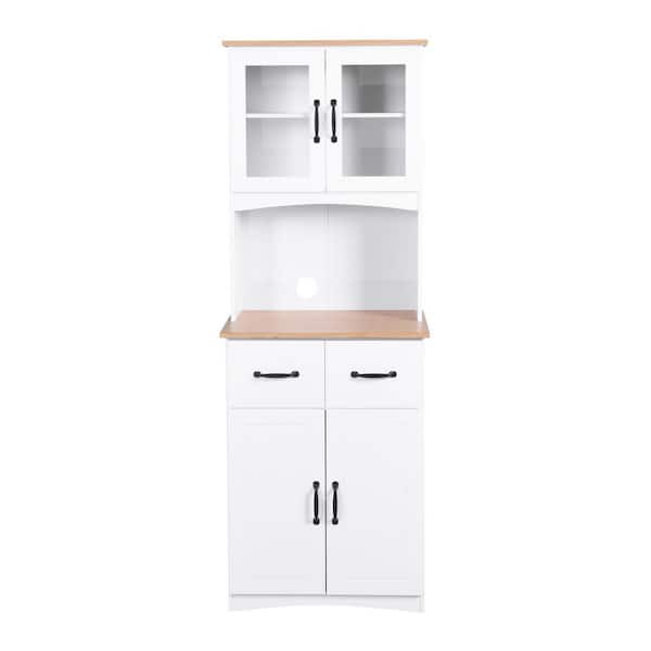 Otryad Wooden Kitchen Cabinet White Pantry Room Storage Microwave Cabinet with Framed Glass Doors and Drawer