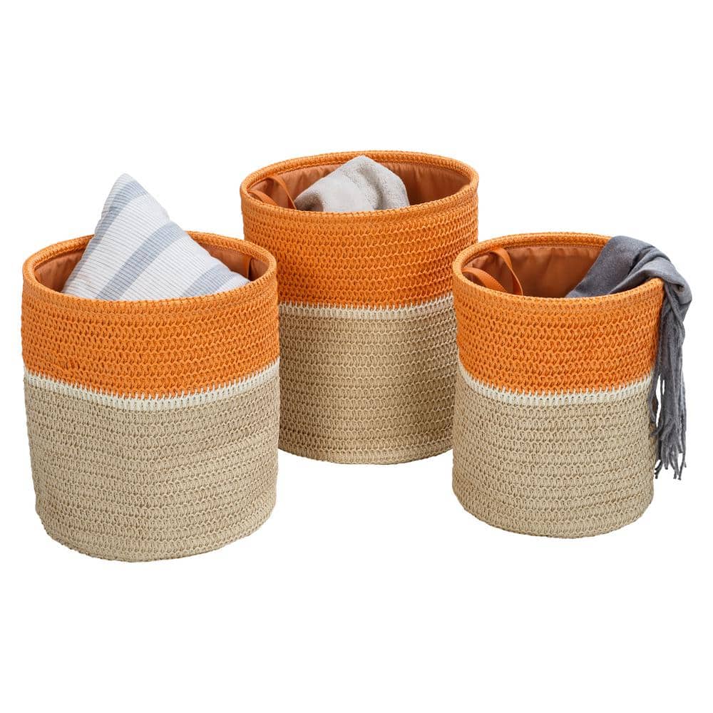 Modern Nestable Orange and Natural Paper Straw Storage Baskets with Handles, Set of 3